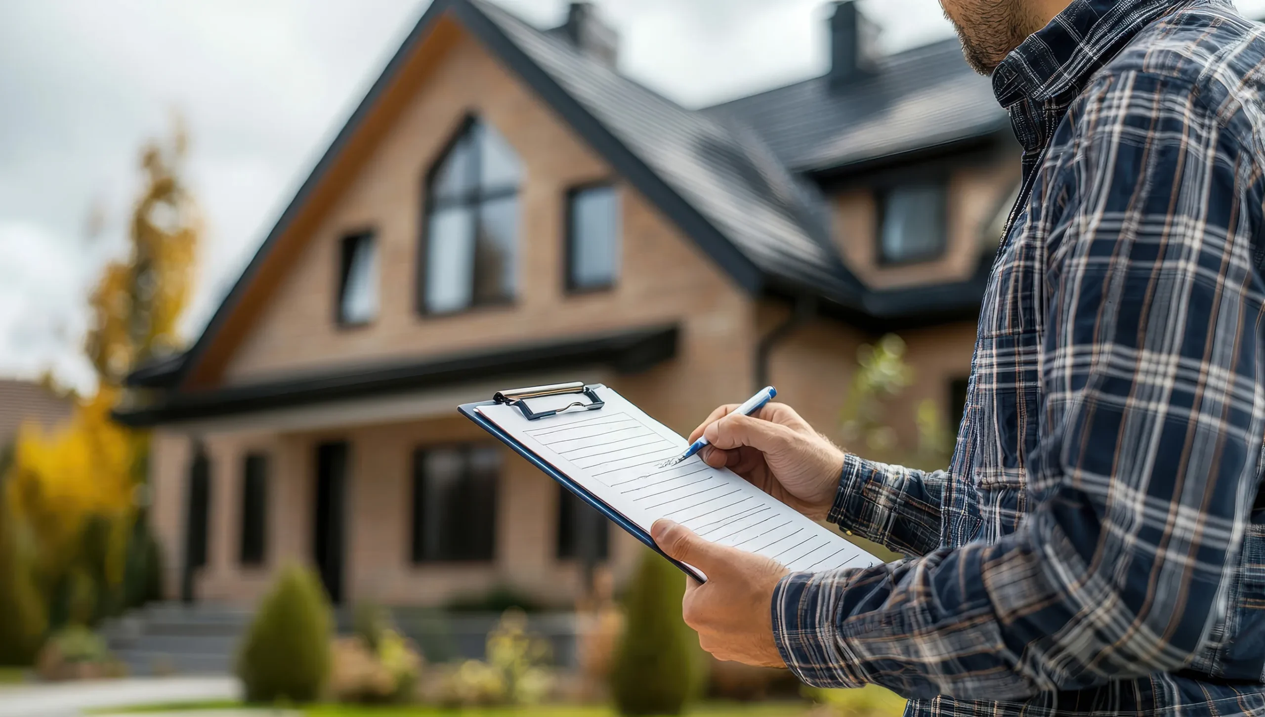 Building Inspector or Real Estate Agent with Clipboard in Front of New Home