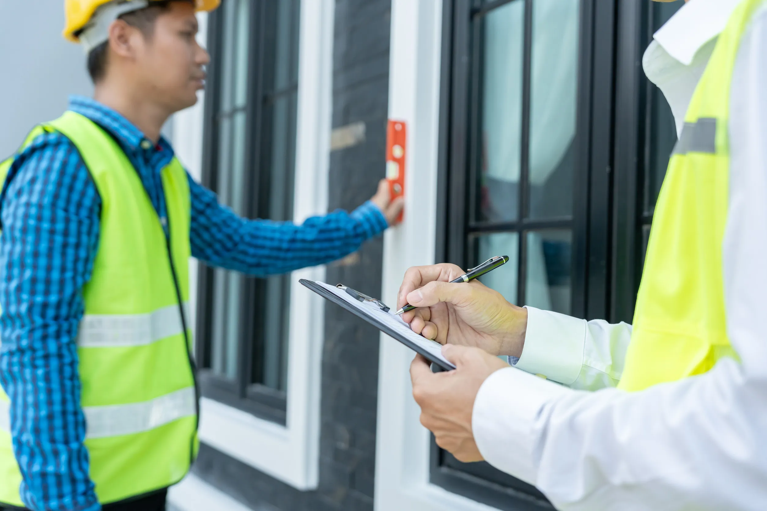 inspector or engineer is inspecting construction and quality assurance new house using a checklist